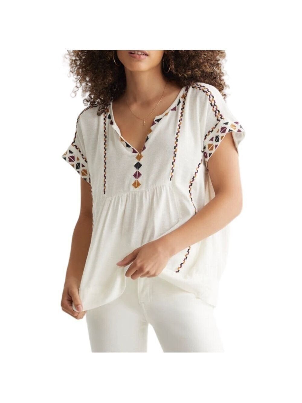 Lucky Brand Cream Embroidered Boho Peasant Blouse Sz Medium